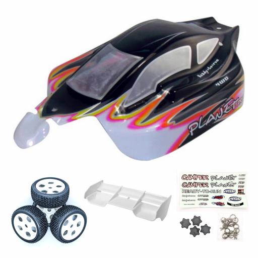 RC Buggy Body, Wheels, Rear Wing, Hub caps and Clips -Universal Black / White 1/8th Buggies