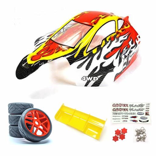 RC Buggy Body, Wheels, Rear Wing, Hub caps and Clips -Universal Red 1/8th Buggies